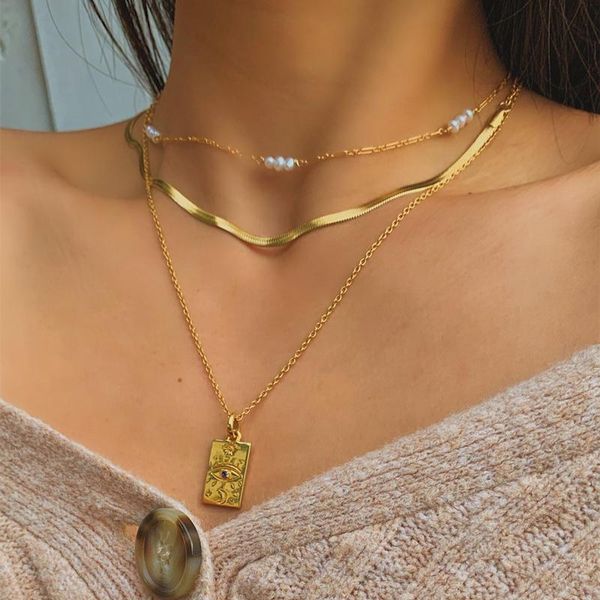 

pendant necklaces ins enamel tarot card carving square necklace gold clavicle chain simple light luxury jewelry gift, Silver