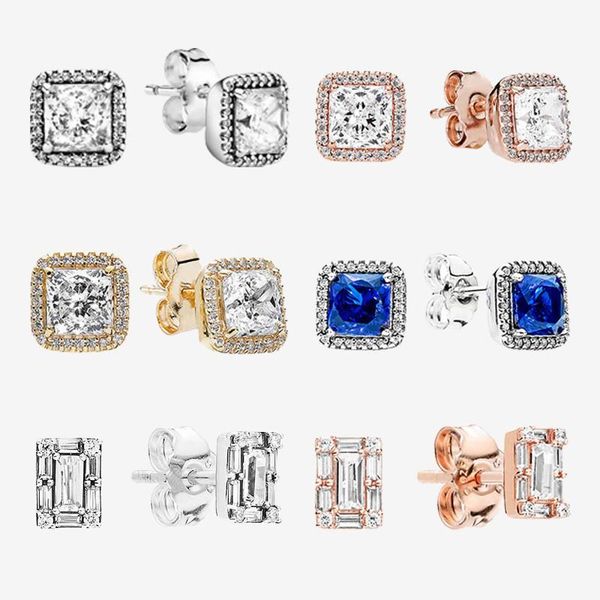 

stud authentic s925 sterling silver square bright cz earrings women's fashion jewelry gifts, Golden;silver