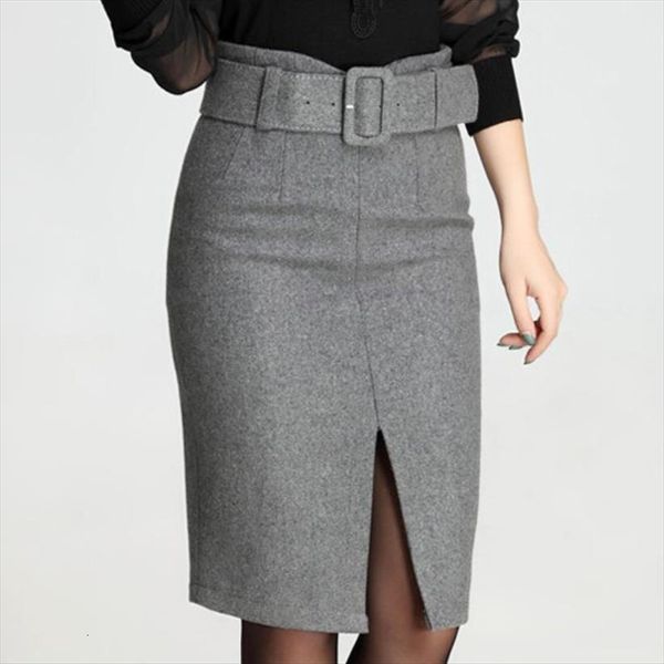 

autumn winter retro womens skirts woolen fashion warm knee length women elastic with belt, Black