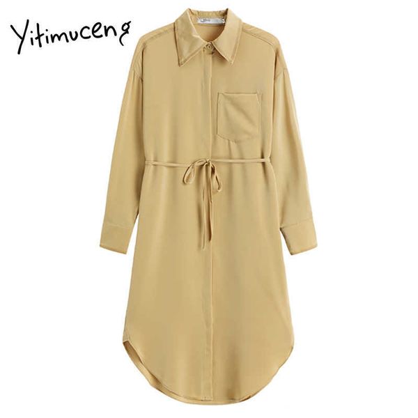 

yitimuceng vintage sashes button up high waist mini dresses women turn-down collar a-line solid spring fashion dress 210601, Black;gray