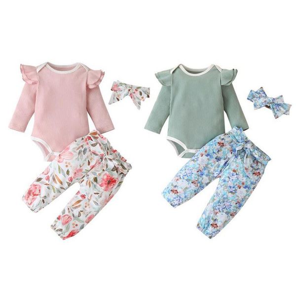 

clothing sets spring toddler baby girl suit long sleeve solid romper +floral print trousers+headband infant girls outfits clothes, White