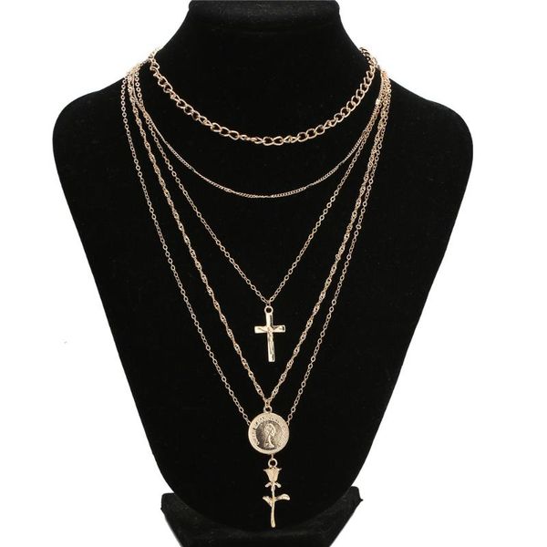 

fashion elizabeth head rose flower cross multi-layer girl women necklace for jewelry birthday gift part accessories pendant necklaces, Silver
