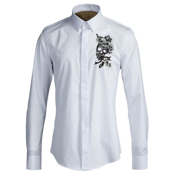 

tee shirt shirt men shirt luxury skull and flowers embroidery long sleeve mens stylish casual slim fit shirts man plus size 4xl, White;black
