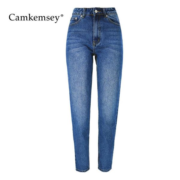 

women's jeans camkemsey fashion high waist loose mom for women 2021 quality ankle length cotton denim pants trousers, Blue