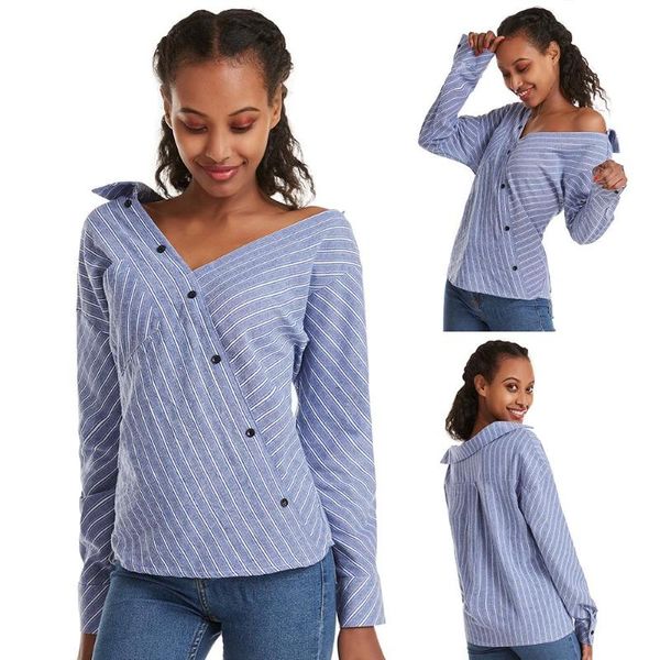 

women's blouses & shirts women fashion cotton formal office long sleeve turn down v collar stripes shirt blouse, White