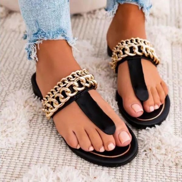 

slippers 2021 summer women's casual clip toe flat sandals metal chain decoration fashion personality comfortable sell, Black