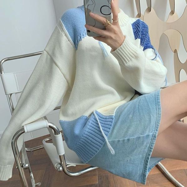 

[ewq] 2021 winter women gentle casual round neck loose soft minimalist panelled long sleeve pullover knitting sweater 8q756 women's swe, White;black