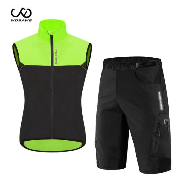 

racing sets wosawe cycling jersey vest set windproof reflective waterproof mtb ciclismo bike sleeveless riding suit clothing, Black;blue