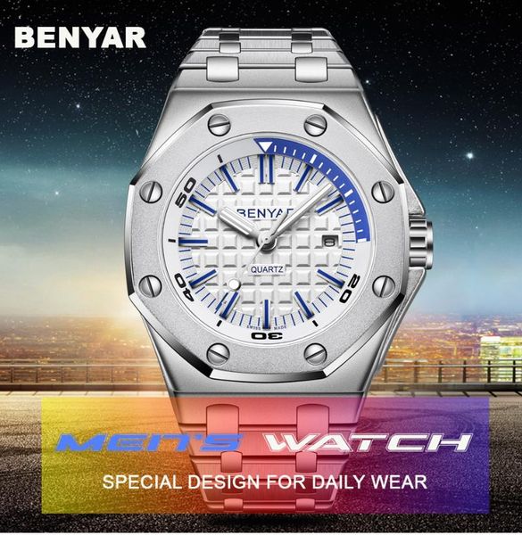 

wristwatches benyar men`s watches man quartz watch stainless steel waterproof 30m clock japan movt and battery relogio masculino, Slivery;brown