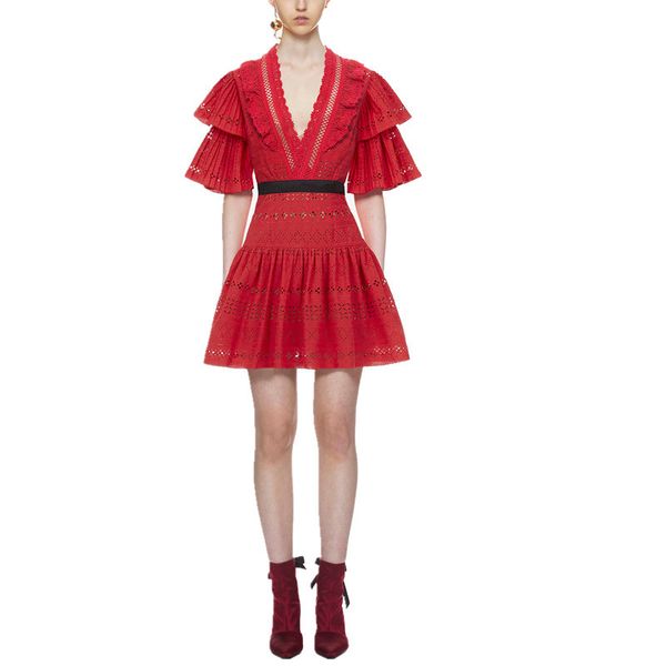 

women dresses runway hollow out flare red white lace half sleeve elegant v-neck pleated dress, Black;gray
