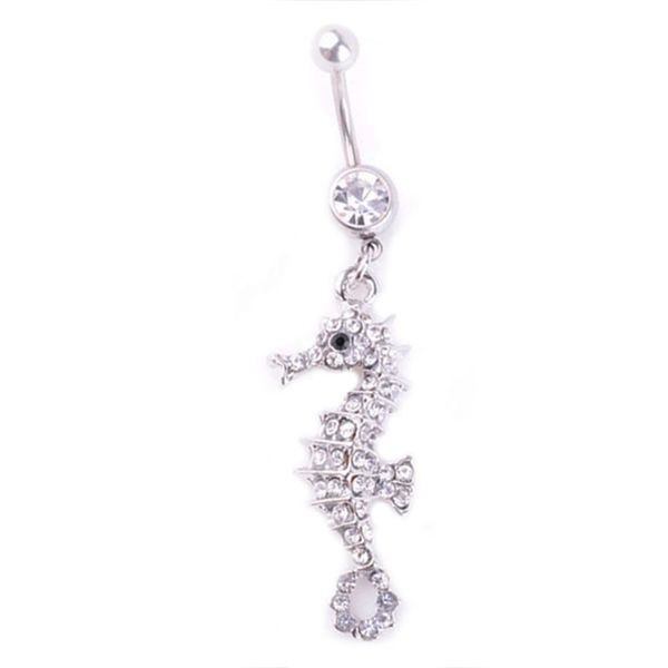 

d0774f seahorse belly navel button ring clear stone, Silver