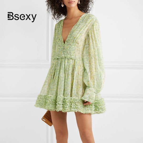 

dresses prairie chic runway women 2021 spring green v-neck half sleeve floral printed tunic elegant ruffles chiffon dress, Black;gray