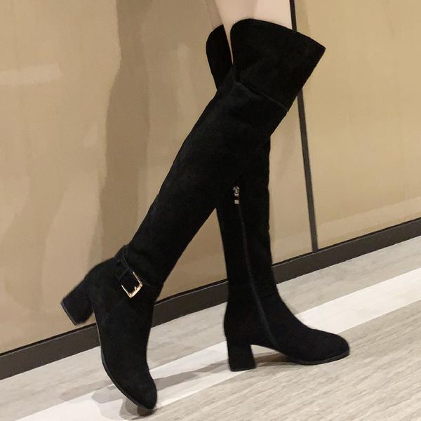 

boots women's natural suede leather thick med heel side zip over the knee ankle buckle black slon thight high winter shoes