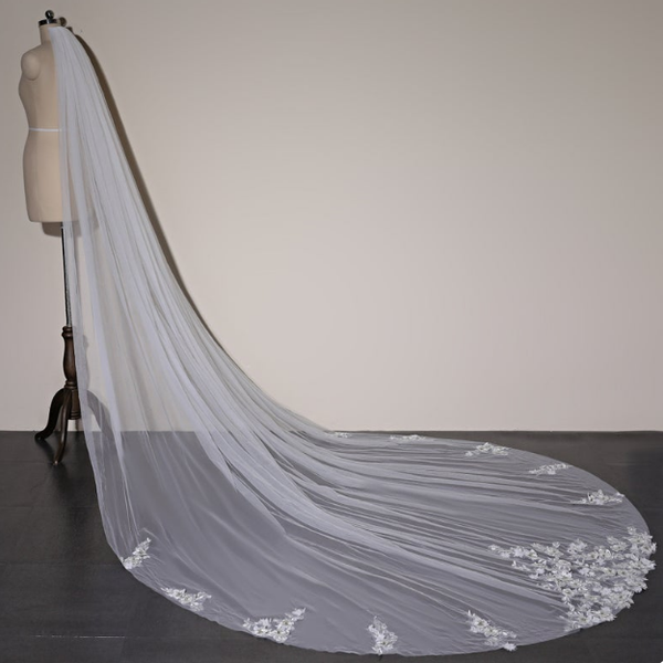 

bridal veils handmade flower lace veil, soft tulle exquisite long wedding cathedral fingertip floor length b, Black