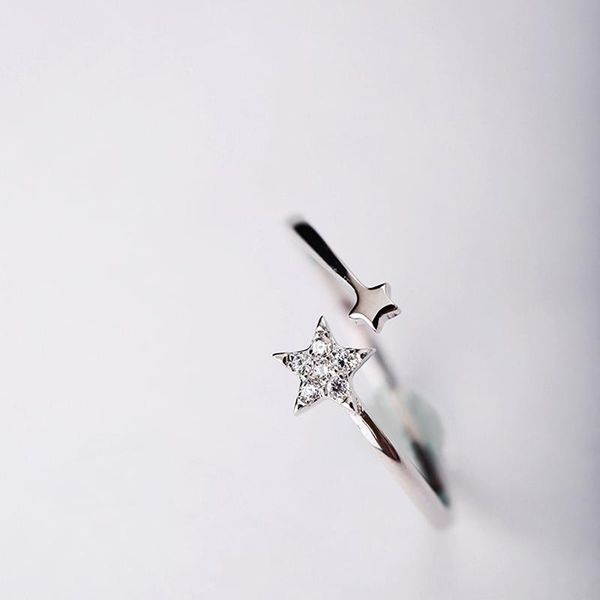 

wedding rings trendy 925 sterling silver shiny cz zircon double stars for women girls gift fashion jewelry adjustable size ring, Slivery;golden