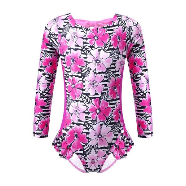 

one-piece suits kids girls child swimwear long sleeves self tie back print ruffle trim swimming jumpsuit bodysuit for summer beachwear