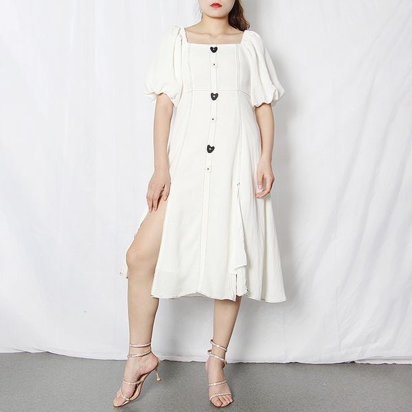 

Msxu summer fashionable retro-neck square sleeve bubble high waist slimming slit casual dress, Black;gray