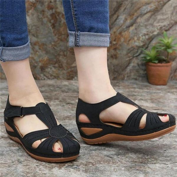 

women cover heel wedges sandals female round toe soft bottom shoes 2021 summer lady comfortable beach big size 44 45 46, Black