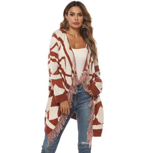 

women's knits & tees nice women long sleeve knitted cardigan geometric print fashion tassel female clothes autumn sweaters, White