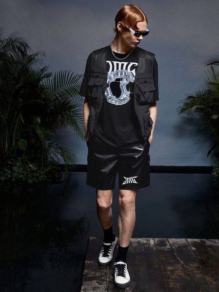 

x jose maria gonzalez men letter graphic slant pocket pu shorts k3qe#, Black