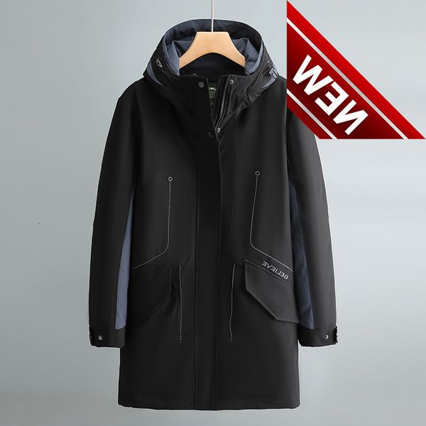 

winter men white duck down jacket thick warm hooded long puffer coats male casual windproof solid color patchwork black parkas