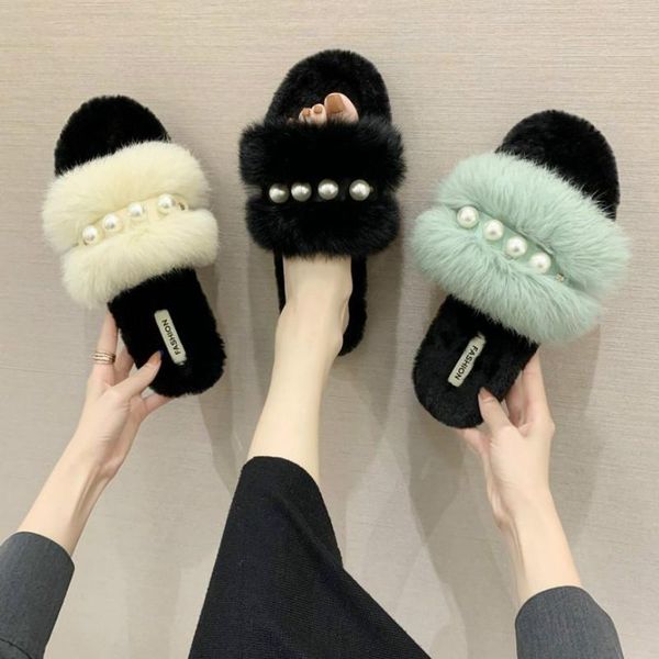 

autumn and winter cotton slippers outside furry string bead fashion keep warm non-slip solid plush square heel high quality, Black