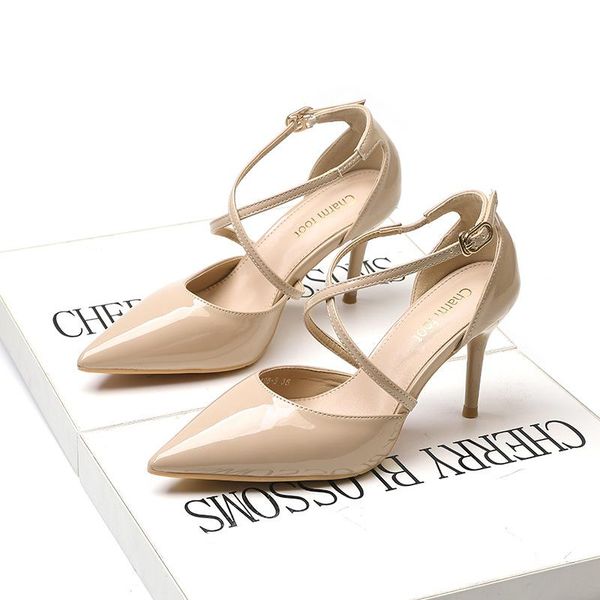 

patent leather pointy toe shallow summer high heel sandals luxury cross-tied hollow buckle gladiator sandales cover zapatos, Black