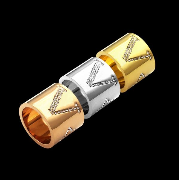 

europe america style fashion men lady women titanium steel settings diamond engraved v letter wedding engagement 18k gold plated wide rings, Slivery;golden