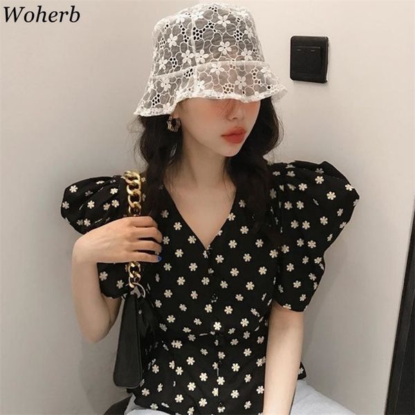 

vintage puff sleeve blouse womens shirts floral print black casual blusas mujer de moda verano elegantes 210519, White