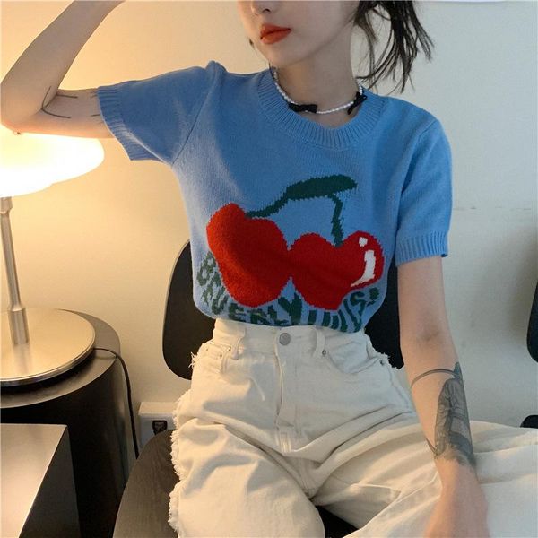 

women's t-shirt vintage ribbed knit women crop cherry pattern short sleeve elasticity female y2k e-girl streetwear kawaii clothes, White