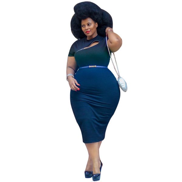 

summer women solid color female's big size o-neck short sleeve hollow out slim waist bodycon mid-calf es, Black;gray