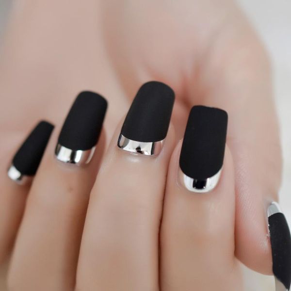 

false nails 24pcs medium coffin ballerina black chrome edge nail tips wholesale full cover gels artificial, Red;gold
