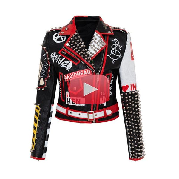 

women's jackets leather jacket spring and autumn fashion brand printed willow nail short, Black;brown