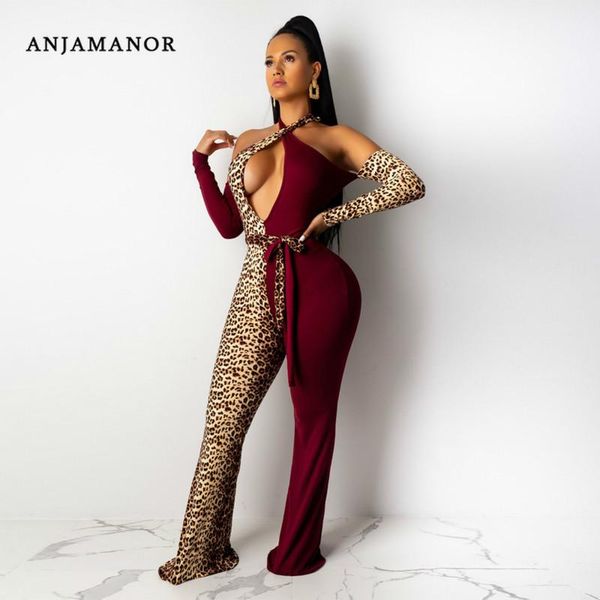 

women's jumpsuits & rompers anjamanor leopard club outfits party womens hollow out halter backless long sleeve wide leg jumpsuit d43-, Black;white