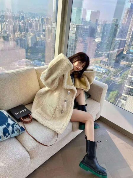 

women's wool & blends 2021 winter korean version of the back letter thick lamb hair loose type slimming lapel warm fashion solid color, Black