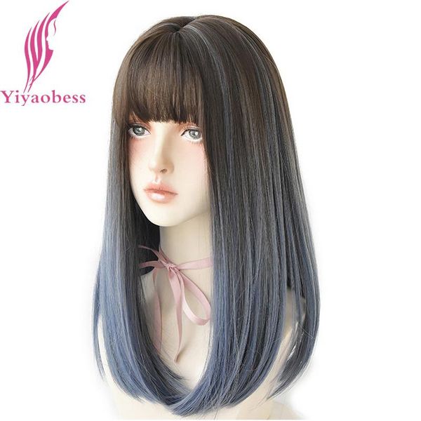 

synthetic wigs yiyaobess straight middle long wig with bangs natural lolita pink blue ombre hair for women cosplay party high temperature, Black