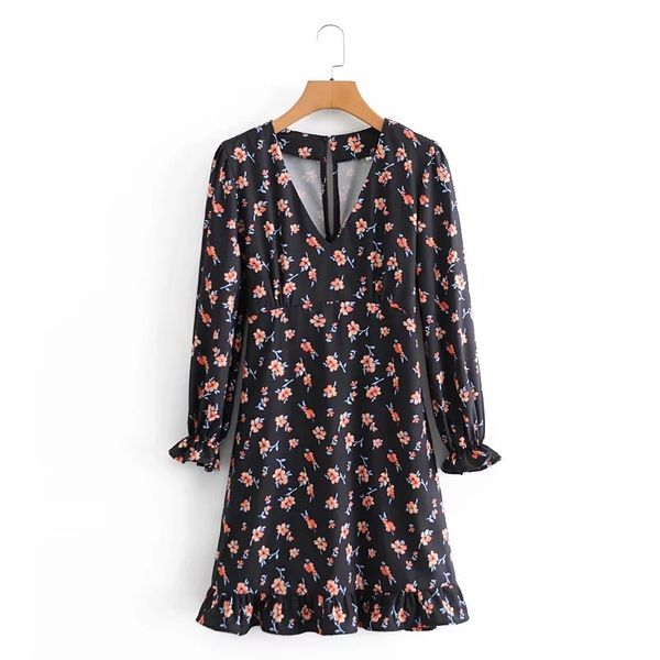 

spring women floral print v neck ruffled hem mini dress female long sleeve clothes casual lady loose vestido d7311 210430, Black;gray
