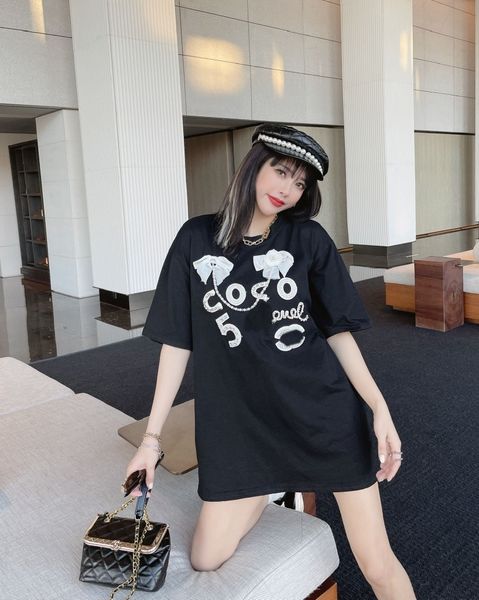 

beaded letter heavy industry chao bow short brand sleeve t-shirt for women, Gray
