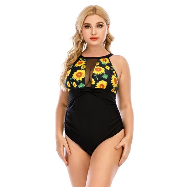 

plus size one-piece swimsuit sunflower print bikini women's swimwear women fashion high-waist beach suits