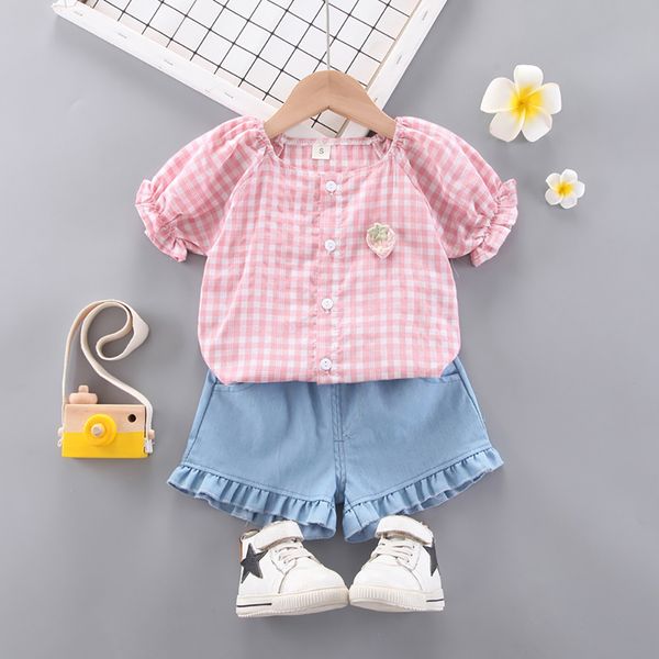 

new good quality factory price fashion selling childrens plaid round neck single-breasted shirt denim shorts two-piece suit, White