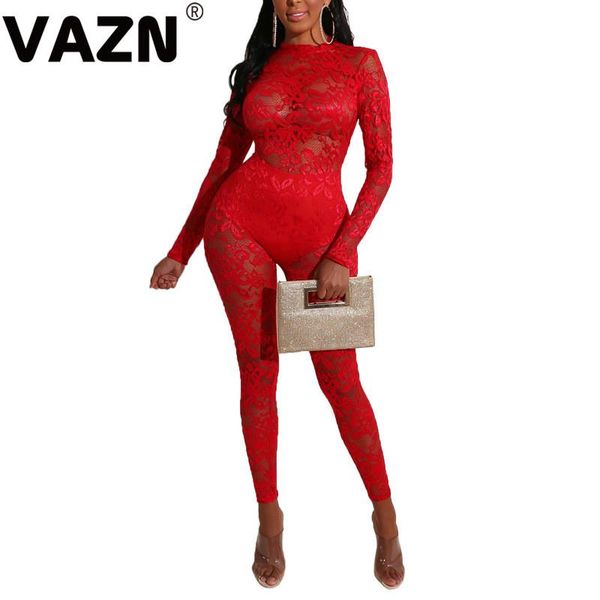 

women's jumpsuits & rompers vazn women high street style long sleeve round neck dew back lace pure color tight pants, Black;white