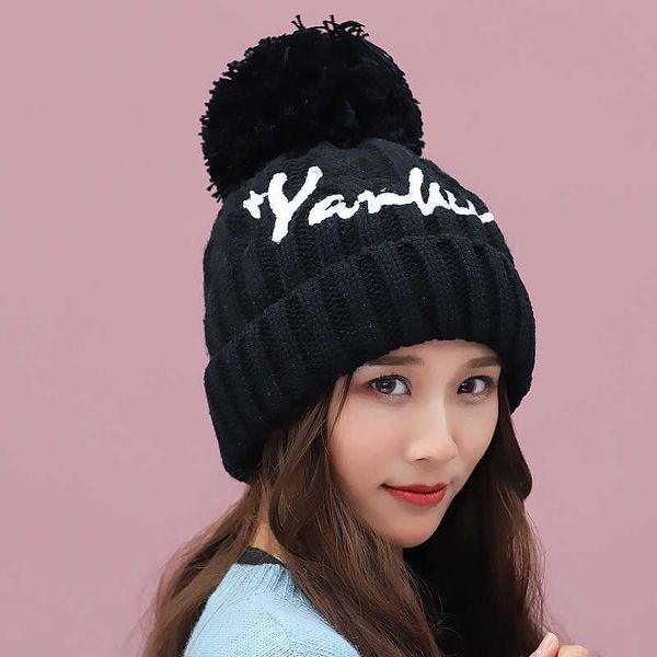 

wool hat cold hat women's winter big wool ball with korean letters women's autumn and knitted is versatile warm, Blue;gray