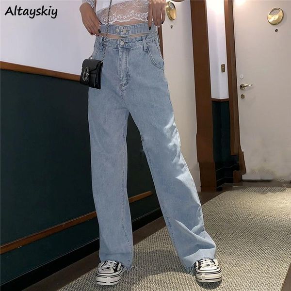 

women's jeans women high waist streetwear stylish all-match pockets casual loose students wide leg trousers solid denim, Blue