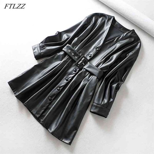 

women pu leather long jacket casual female v neck single breasted faux coat with belt fashion loose outwear 210430, Black
