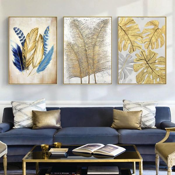 

paintings modern abstract paintings, posters printed with gold leaf feathers and leaves, murals, living room images, home decorations,