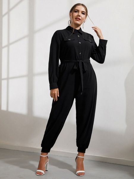 

plus flap detail belted shirt jumpsuit k1rl#, Black