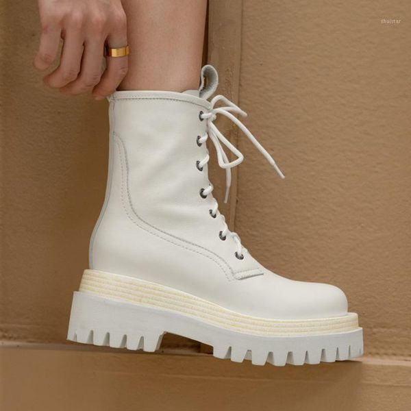 

boots white black thick sole motorcycle round toe lace up autumn ankle street fashion shoes women1