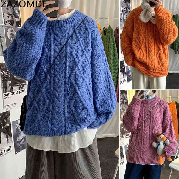 

zazomde fashion men sweater solid color loose round collar comfortable harajuku male winter warm knit pullover, Black