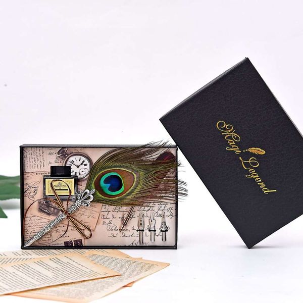 

feather pen peacock feather set metal signature ink gift