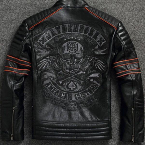 

fashion leather harley motorcycle suit youth men's short skull and stone grinded old jacket, Black
